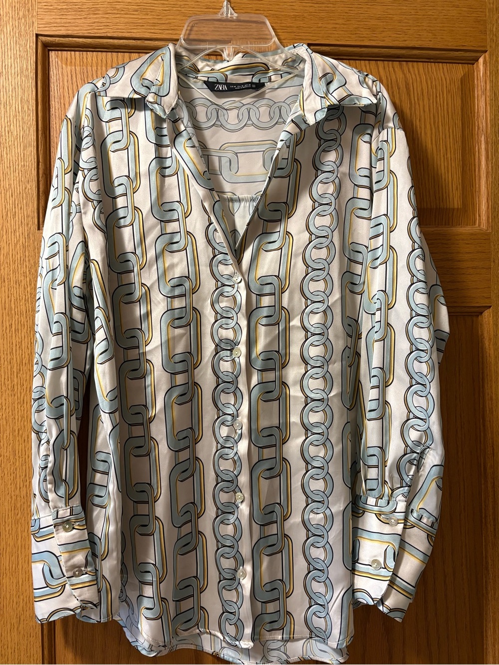 Zara Cream Blouse with Light Blue and Gold Chain Print